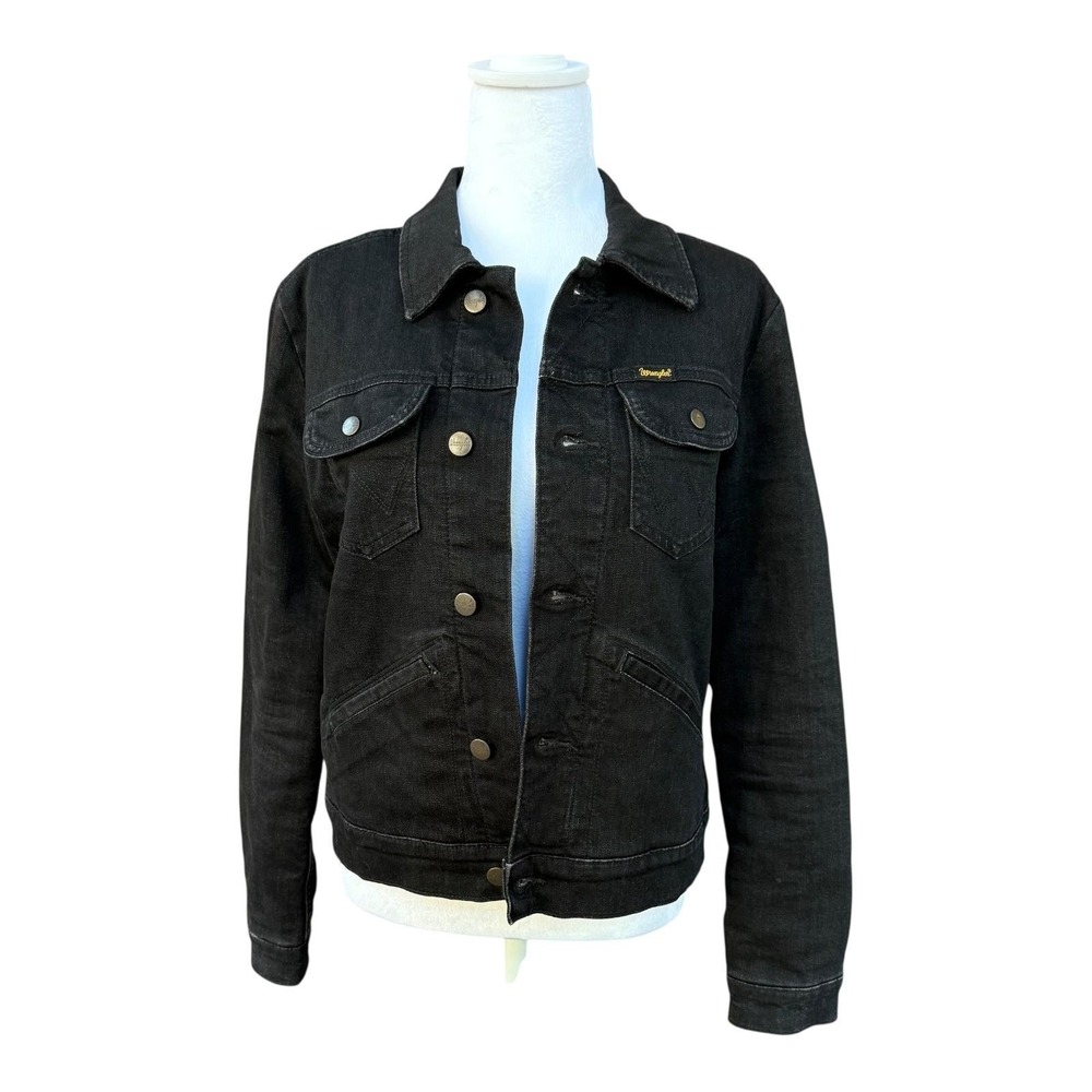 Wrangler Jacket Womens Small Black Denim‎ Southwestern Lined Trucker Aztec Print
